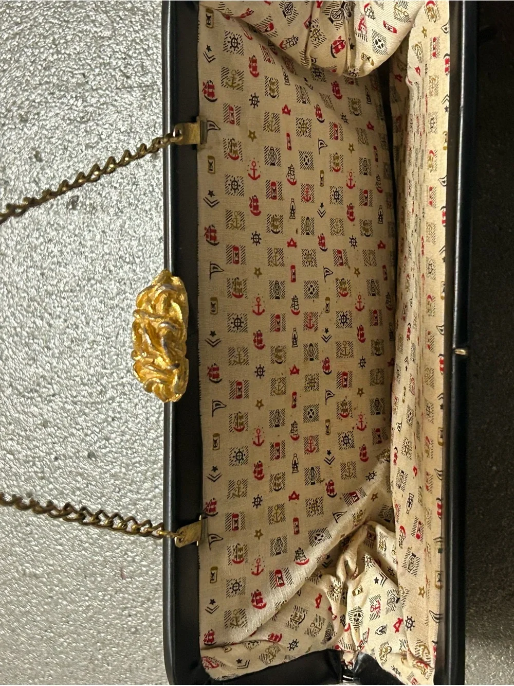 Vintage Convertible Black Leather Ruched Frame Clutch with Textured Gold Clasp